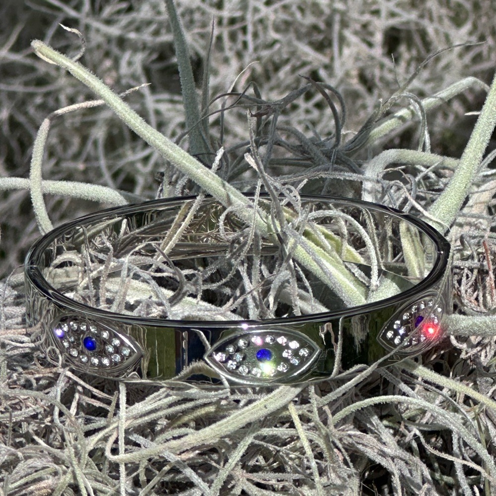 Silver Evil Eye Hinged Bangle Bracelet Blue Crystal Rhinestone Protection Steel - Picture 5 of 5